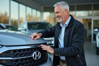 Homme dans sa quarantaine examinant le logo Hyundai sur une voiture