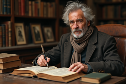 Homme d age lisant une encyclopedie sur la moto dans une bibliotheque