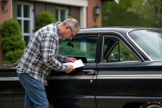Homme vérifiant la plaque VIN d'une Impala vintage