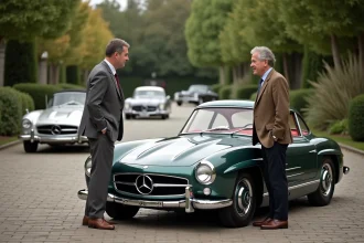 Homme d'âge moyen près d'une Mercedes 300 SL vintage
