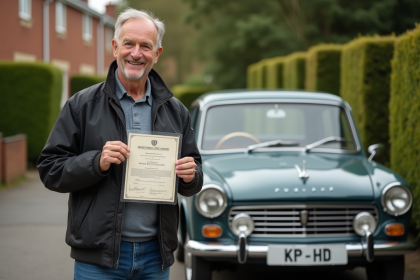 Homme souriant avec certificat de voiture ancienne Peugeot 404