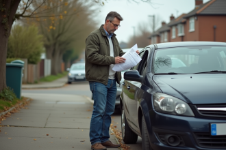 Homme d'âge moyen vérifiant un avis de contrôle technique à côté de sa voiture