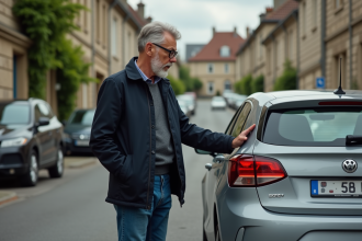 Homme français vérifiant la plaque d'immatriculation
