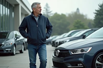 Homme d'âge moyen à côté d'une voiture d'occasion brillante