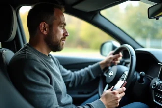 Homme dans sa voiture examine la radio avec son téléphone