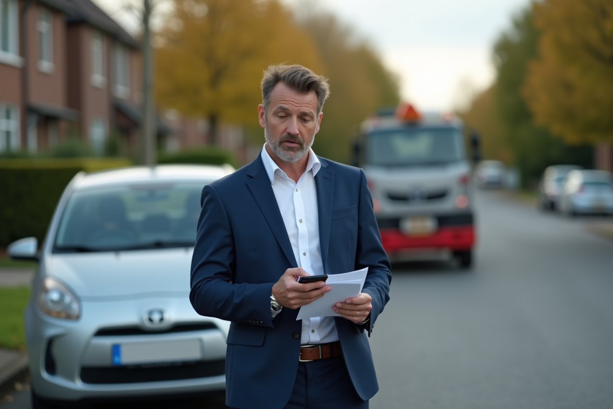 Homme d'affaires avec voiture en remorque dans une rue résidentielle