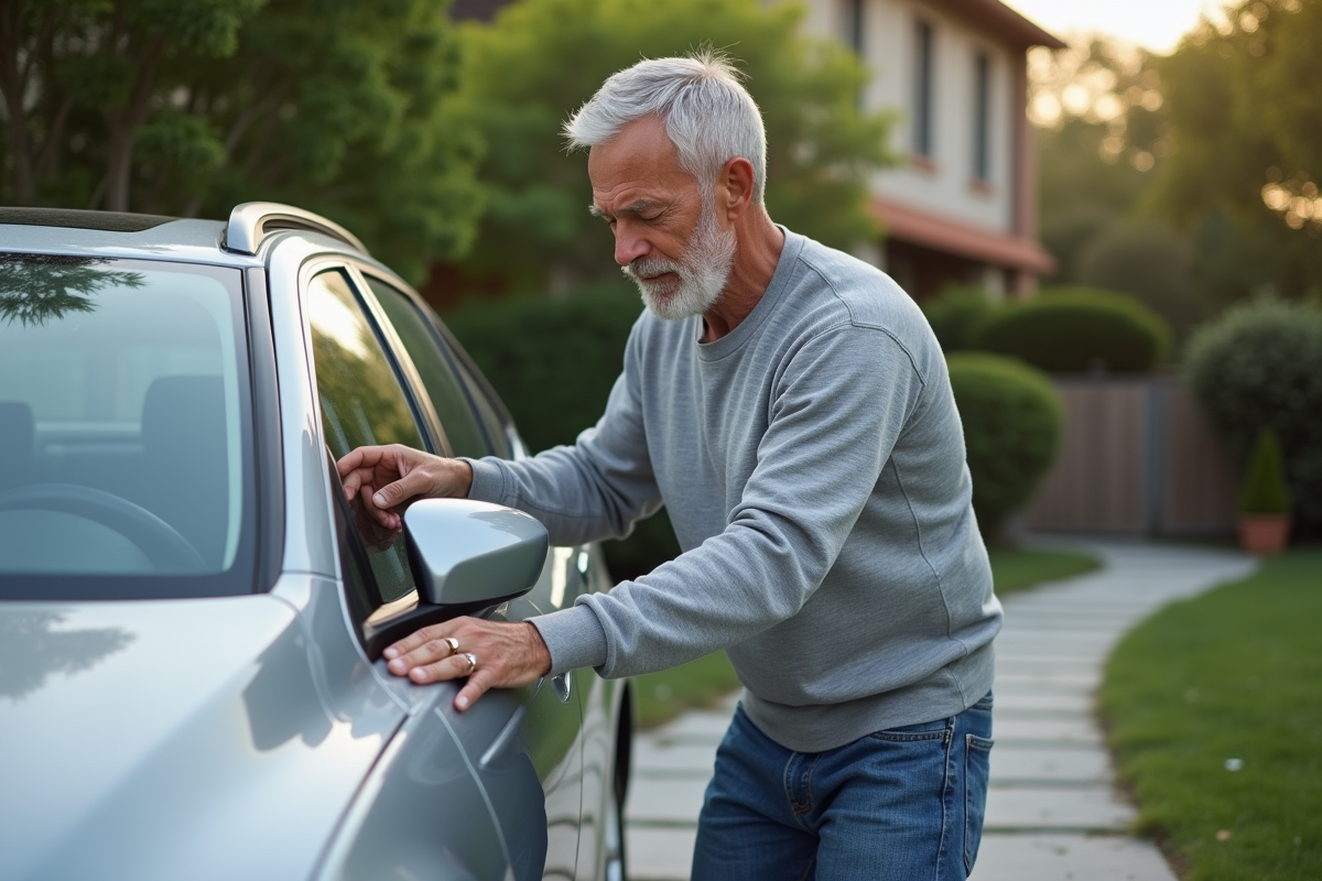Homme regardant la surface d'une voiture argentée