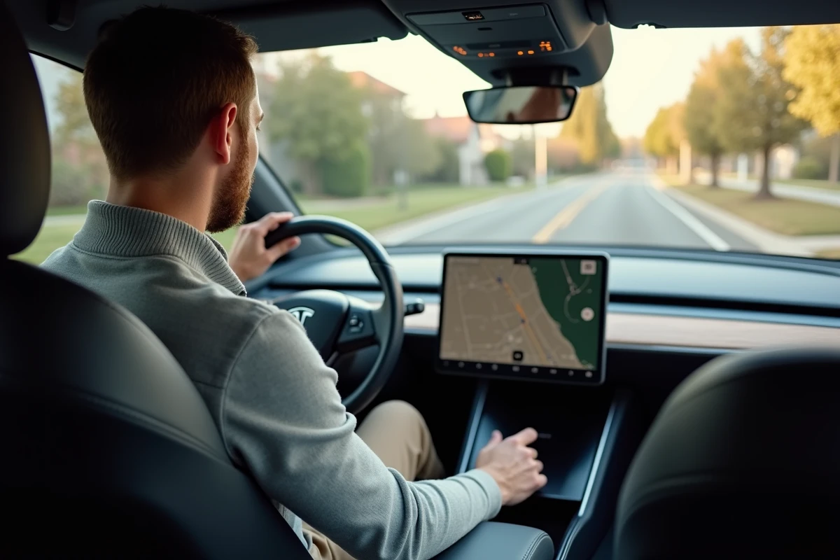 Homme au volant d'un Tesla Model Y explorant l'écran tactile du tableau de bord, guide d'achat Tesla 2026