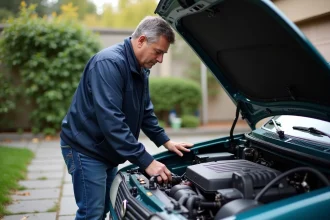Homme vérifiant l'huile d'une Renault 12 en extérieur