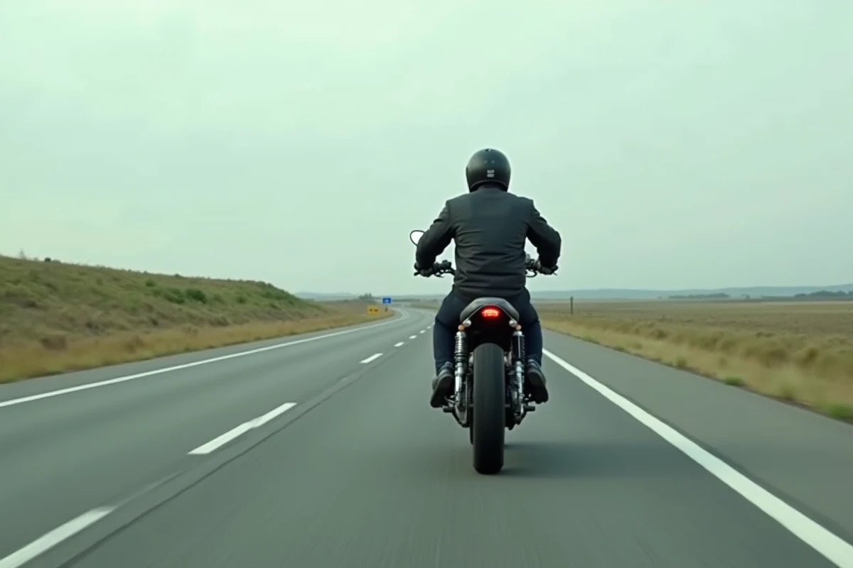Motard en veste textile noire conduisant une Honda CB750 sur autoroute, vue arrière en mouvement avec paysage de campagne flou