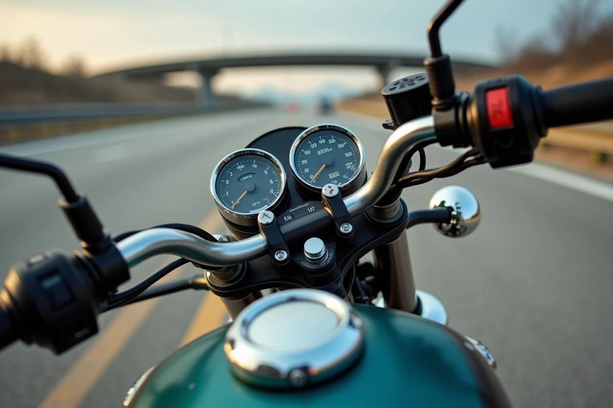 Gros plan sur le tableau de bord et le réservoir d'une Honda CB750 lors d'une pause sur aire d'autoroute, détails chrome et compteur analogique