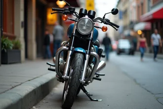 Honda CB750 garée en ville sur un trottoir urbain, vue 3/4 avant au ras du sol avec arrière-plan flou de commerces et piétons