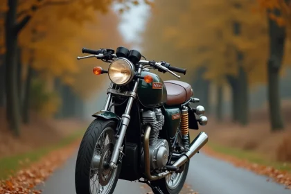 Honda CB900 avec kilométrage élevé garée sur une route rurale en automne, montrant des signes d'usure authentiques sur l'échappement et le réservoir