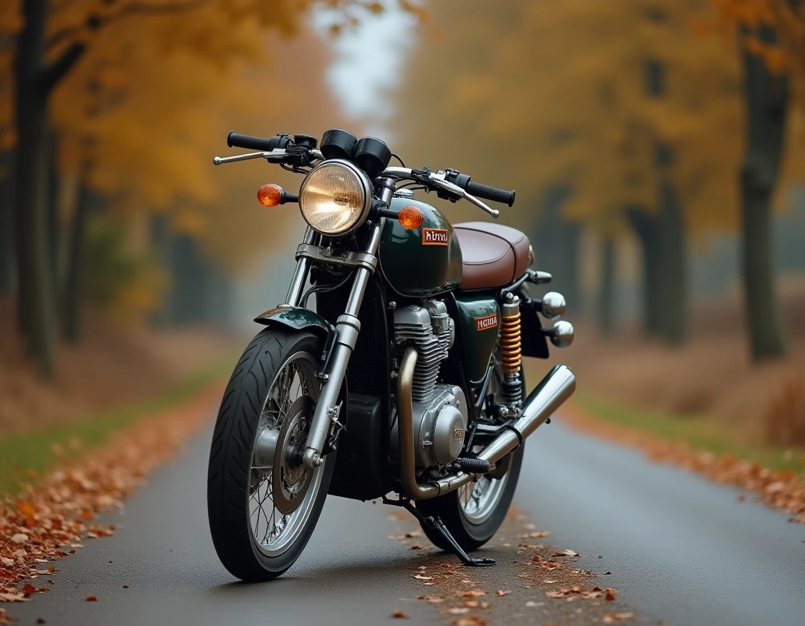 Honda CB900 avec kilométrage élevé garée sur une route rurale en automne, montrant des signes d'usure authentiques sur l'échappement et le réservoir