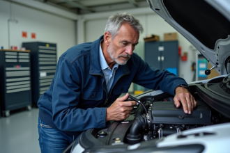 Ingénieur automobile examinant un moteur électrique dans un garage moderne