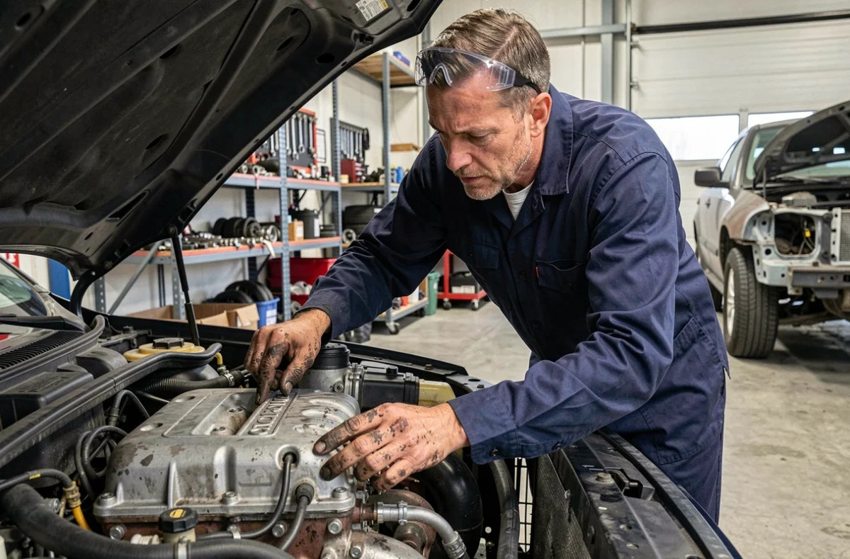 Ingénieur automobile examinant un moteur à grosse cylindrée dans un atelier mécanique professionnel