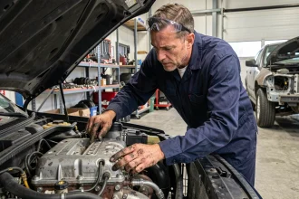 Ingénieur automobile examinant un moteur à grosse cylindrée dans un atelier mécanique professionnel
