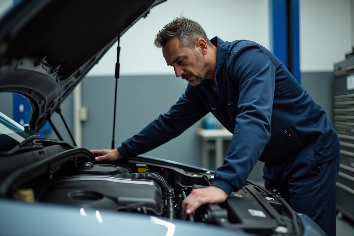 Ingénieur automobile examinant le moteur d'une berline moderne dans un atelier professionnel, illustration de la puissance en chevaux et kilowatts