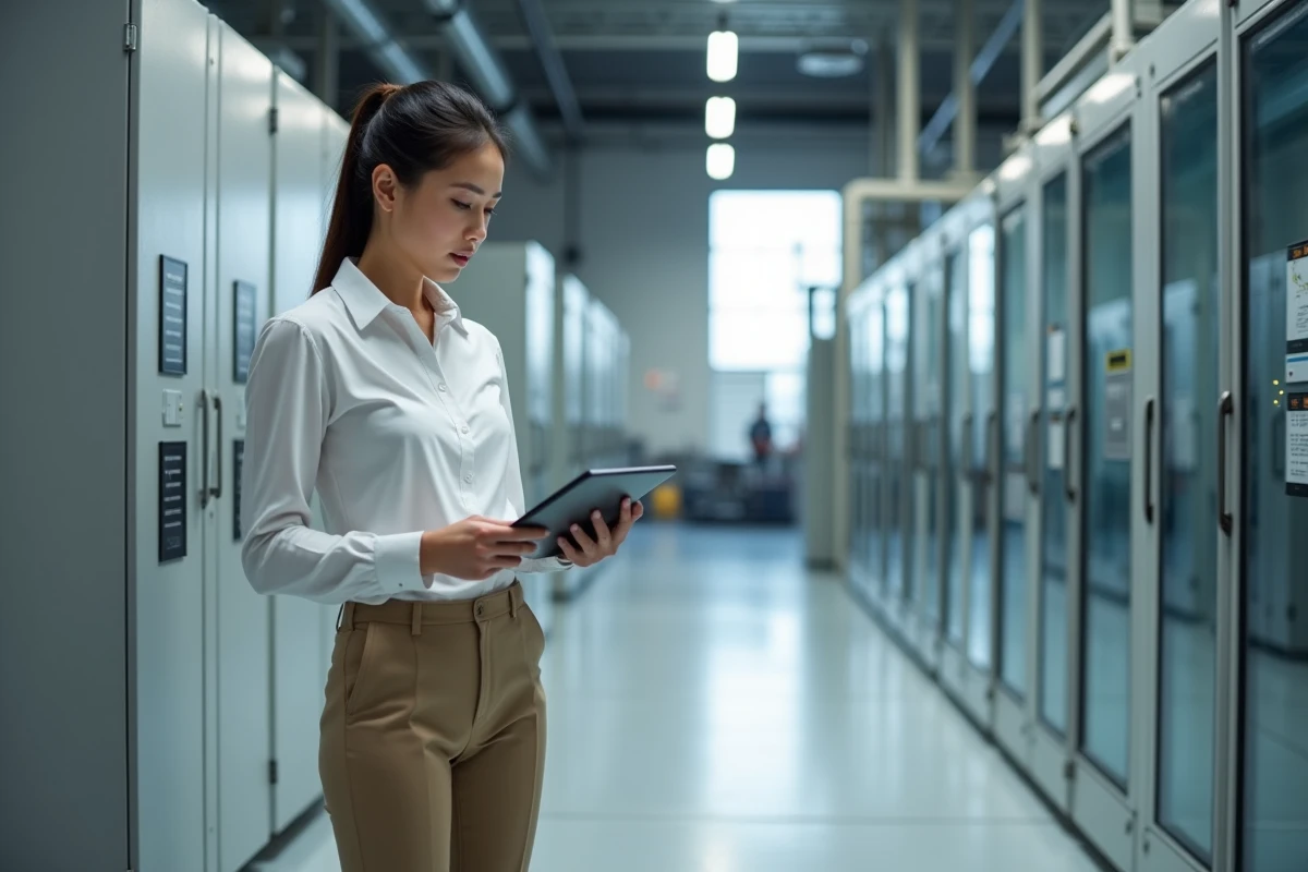 Ingénieure avec tablette vérifiant un panneau de contrôle moderne