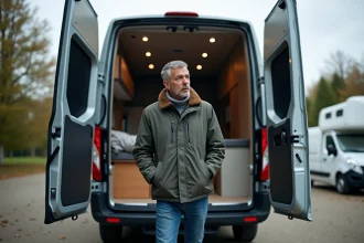 Homme inspectant l’intérieur d’un van aménagé en extérieur