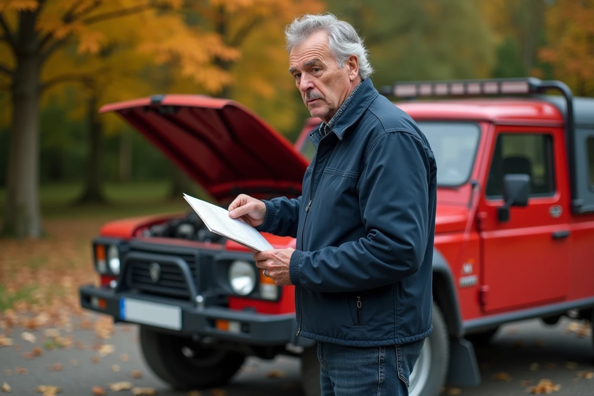 Homme inspectant une LADA Niva 4x4 d'occasion dans un terrain rural en France