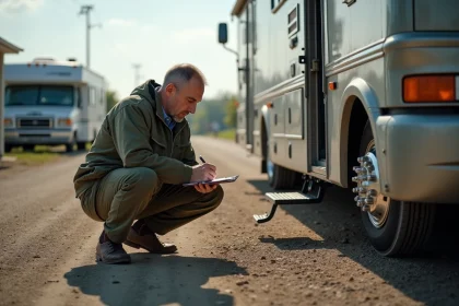 Homme inspectant un camping-car d'occasion avec lampe de poche