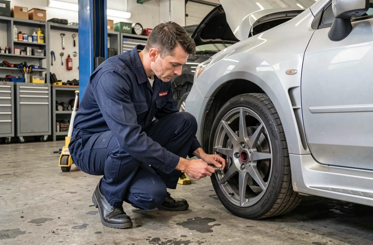 Technicien automobile inspectant la suspension d'une Subaru avec un PRODRIVE Performance Pack dans un garage professionnel
