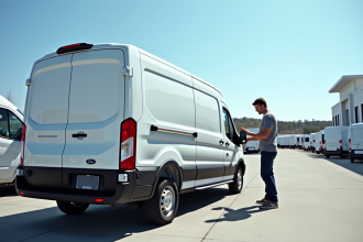 Personne inspectant une camionnette blanche en concession