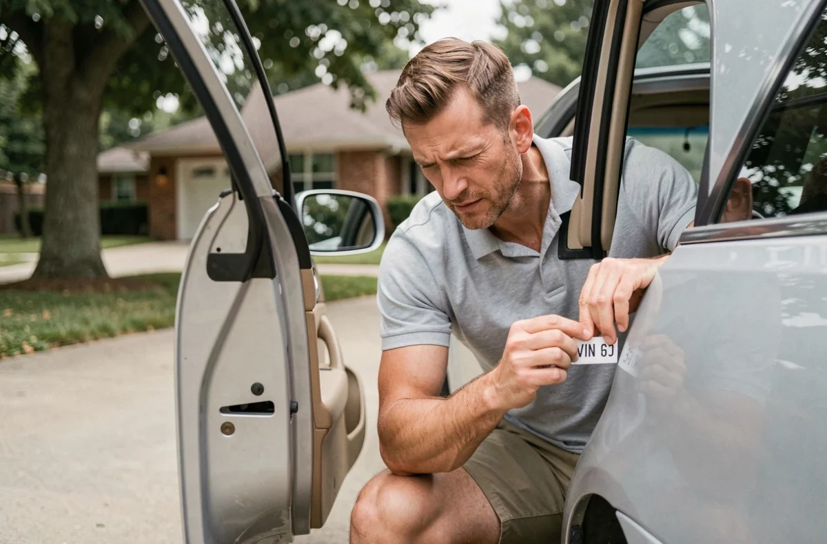 Homme inspectant le numéro VIN sur le montant de porte d'une voiture argentée dans une allée résidentielle