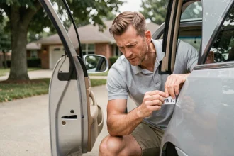 Homme inspectant le numéro VIN sur le montant de porte d'une voiture argentée dans une allée résidentielle