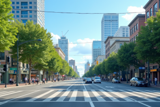 Intersection urbaine bien entretenue avec feu de circulation