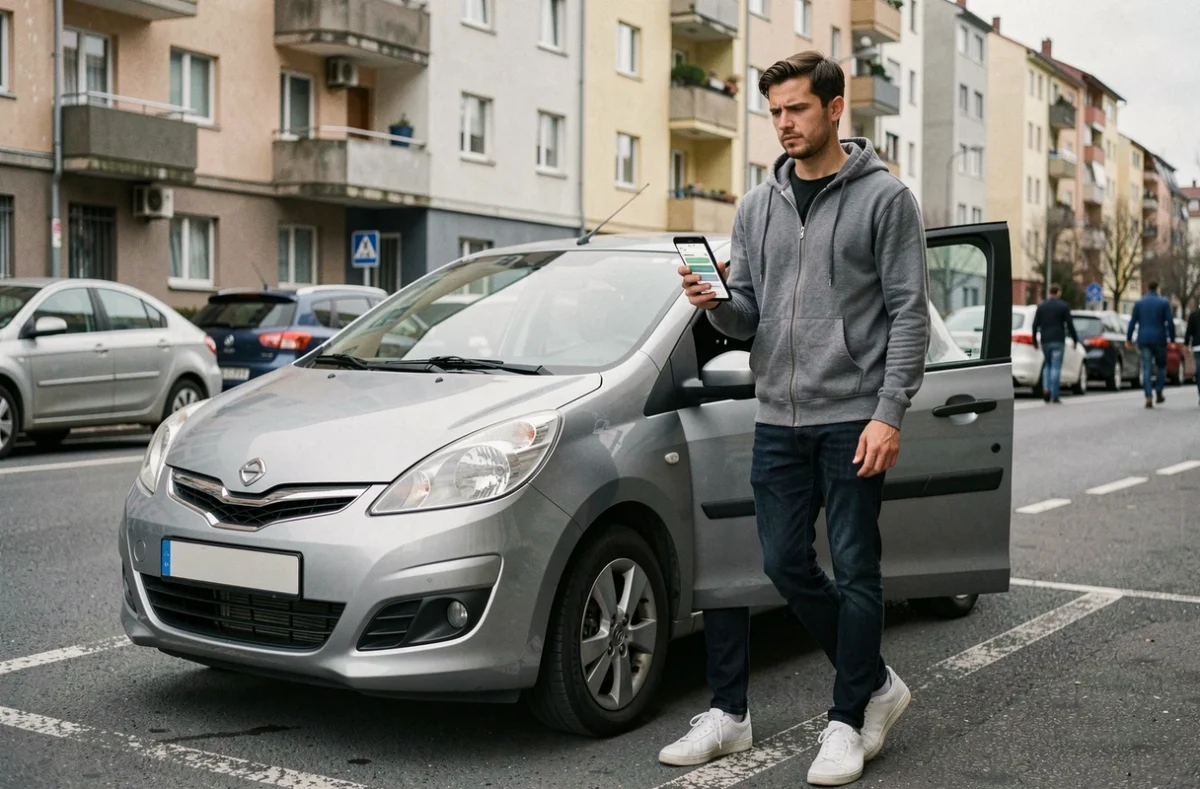 Jeune conducteur comparant les offres d'assurance voiture sur son smartphone dans un parking urbain
