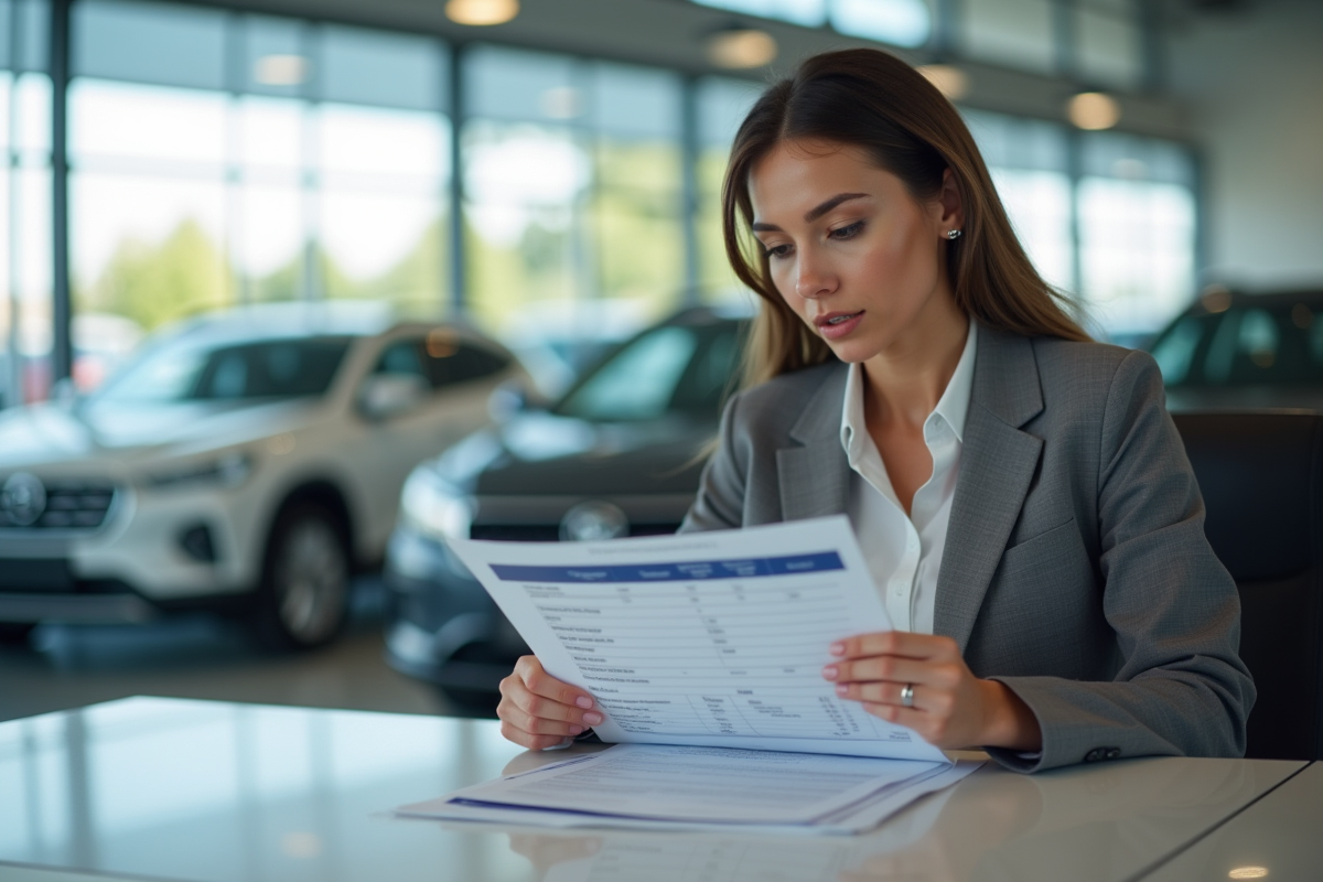 Jeune femme en blazer dans un bureau automobile