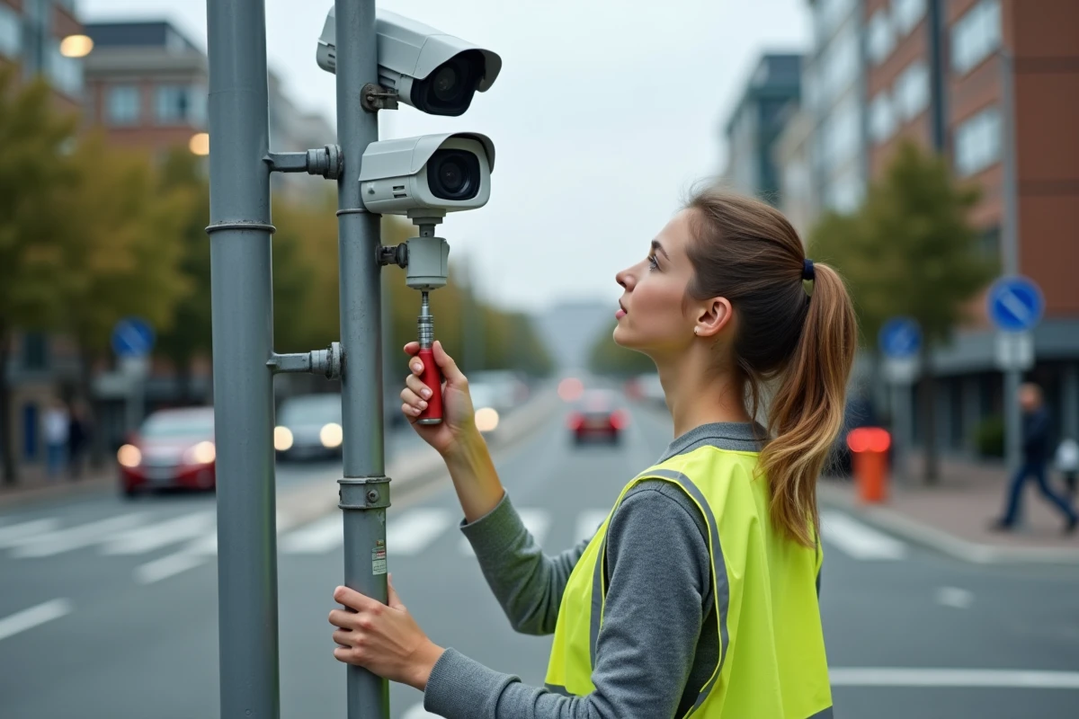 Jeune femme ajustant une camera de trafic en ville