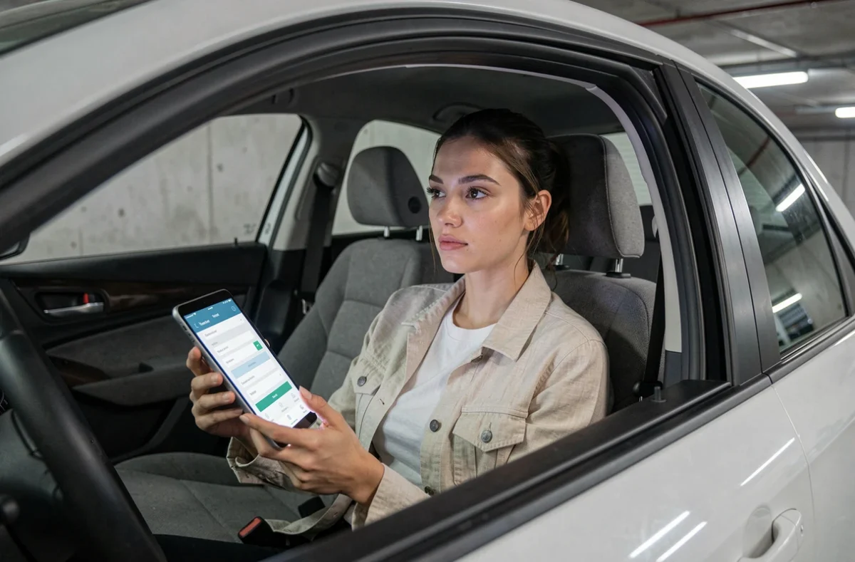 Jeune femme consultant un devis assurance auto anonyme sur tablette dans une voiture garée