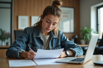 Jeune femme remplissant un dossier dans une école de conduite