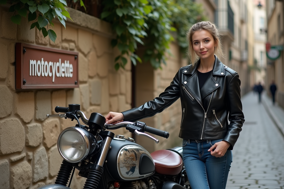 Jeune femme en moto devant un panneau de rue motocyclette