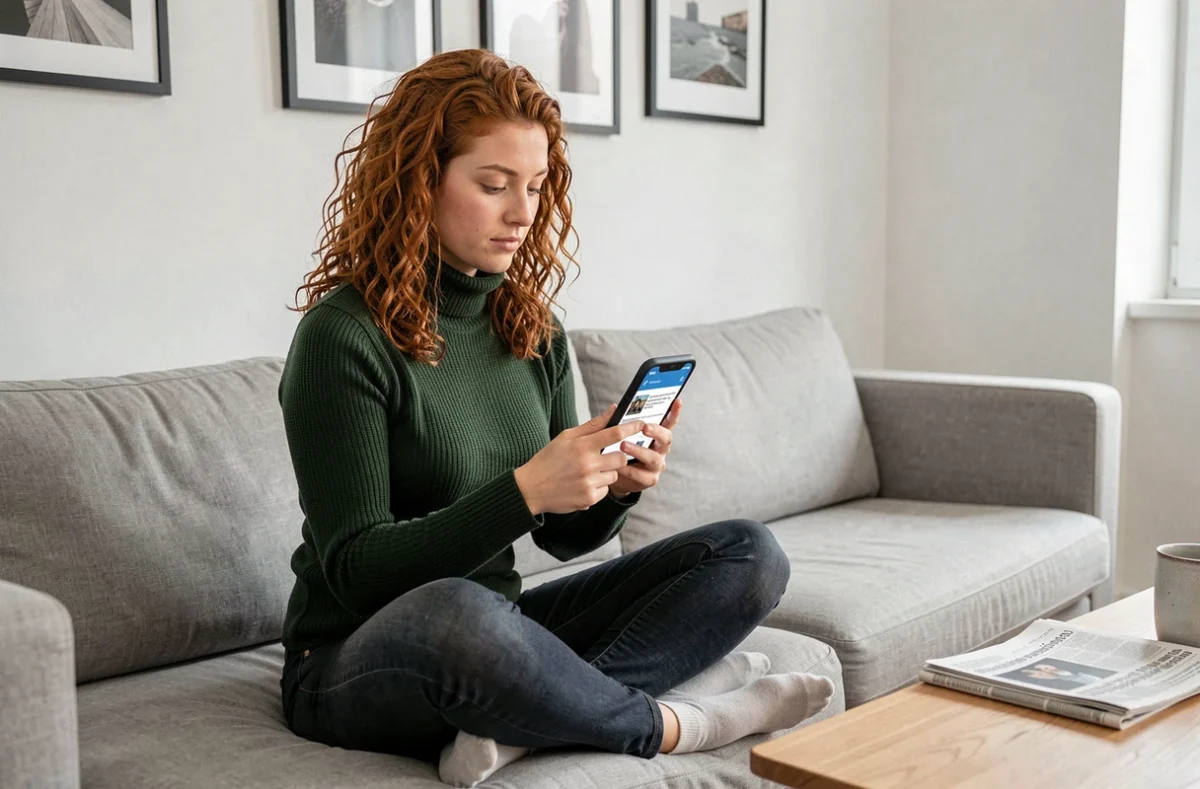 Jeune femme lisant un fil d'actualités personnalisé sur smartphone depuis son salon pour sa veille quotidienne