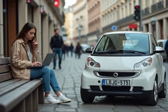 Jeune femme pensant à une petite voiture en ville