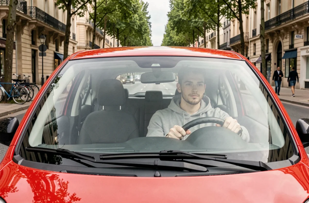 Jeune homme conduisant une petite voiture sans permis rouge sur un boulevard de Caen
