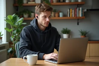 Jeune homme concentré avec ordinateur dans une cuisine moderne