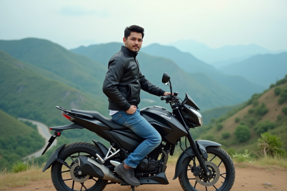 Jeune homme en moto sur un paysage de montagne