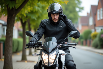 Jeune homme en moto avec casque et veste textile