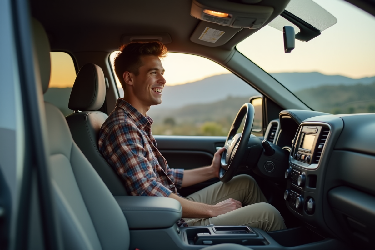 Jeune homme au volant d’un SUV avec vue panoramique