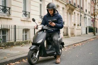 Jeune homme sur un scooter 50cc dans une rue résidentielle consultant une application d'assurance sur smartphone
