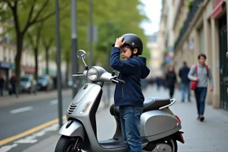 Jeune garçon en veste navy et jeans avec casque et scooter à Paris