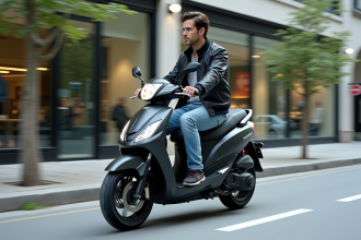 Jeune homme en moto scooter dans la ville moderne