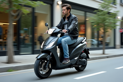 Jeune homme en moto scooter dans la ville moderne