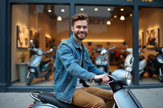 Jeune homme souriant avec scooter en ville