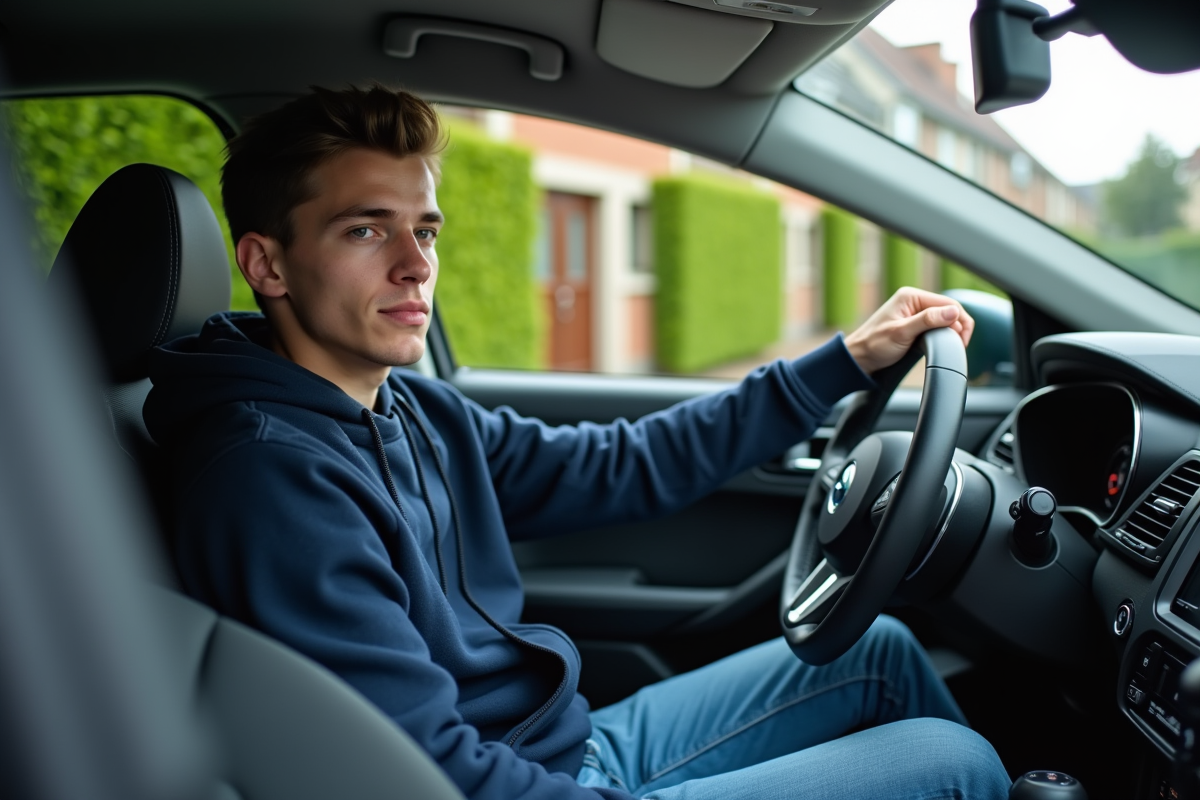 Jeune homme en voiture en environnement urbain